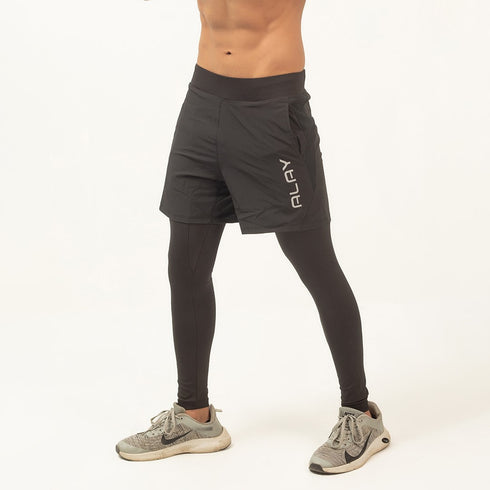 2 in 1 Compression Tights with Shorts - Black