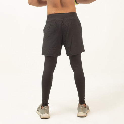 2 in 1 Compression Tights with Shorts - Black